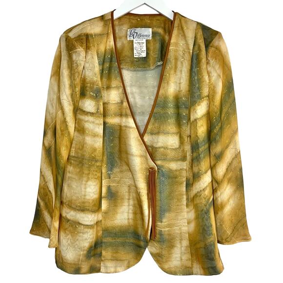 Vintage La Difference Womens Size M Sheer Tan Gold Print Chiffon Jacket Blazer - Picture 1 of 12